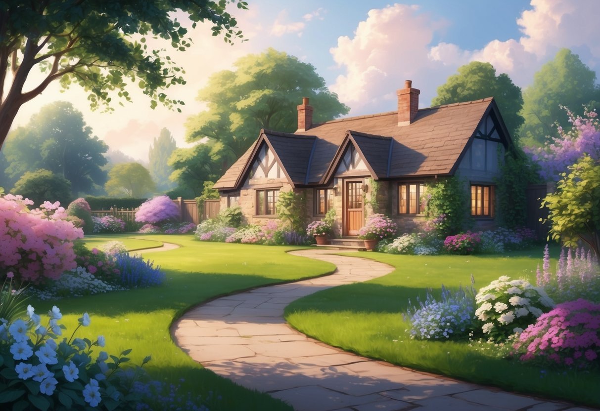 A peaceful garden with a winding path leading to a cozy retirement cottage nestled among blooming flowers and lush greenery