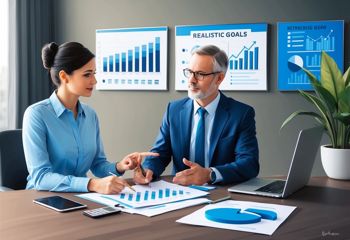 A financial advisor sitting at a desk with a client, discussing retirement plans and showing graphs and charts to illustrate realistic goals