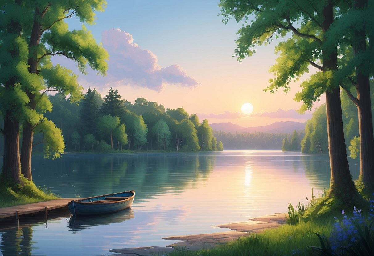 A serene lake surrounded by lush green trees, with a small boat docked at the shore. The sun sets in the distance, casting a warm glow over the tranquil scene