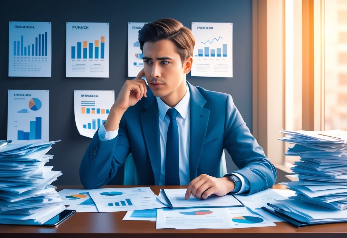 A person sitting at a desk, surrounded by financial documents and charts, with a thoughtful expression on their face