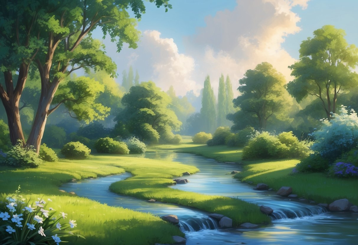 A peaceful, serene scene with a balance of nature and finance - perhaps a tranquil garden with a flowing stream and a subtle reference to financial planning tools