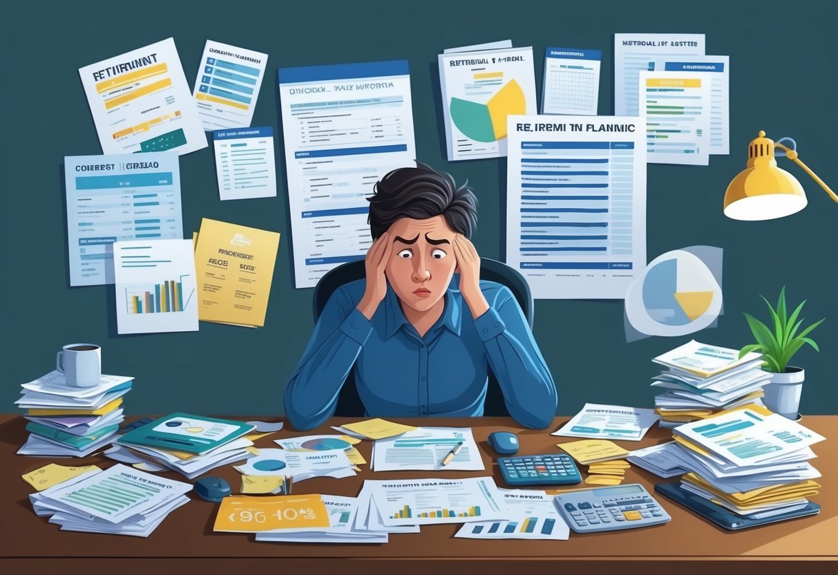 A person sitting at a cluttered desk, looking stressed and overwhelmed while surrounded by financial documents and retirement planning materials