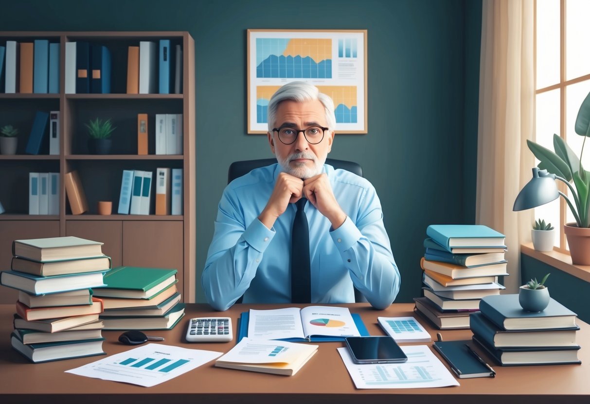 A person sitting at a desk, surrounded by books and financial documents, with a thoughtful expression while considering retirement planning