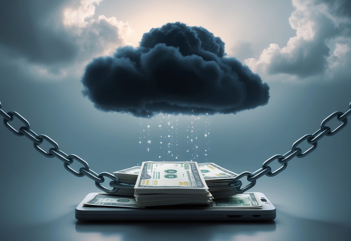 A dark cloud hovers over a retirement savings account, while chains bind it, symbolizing the weight of limiting beliefs