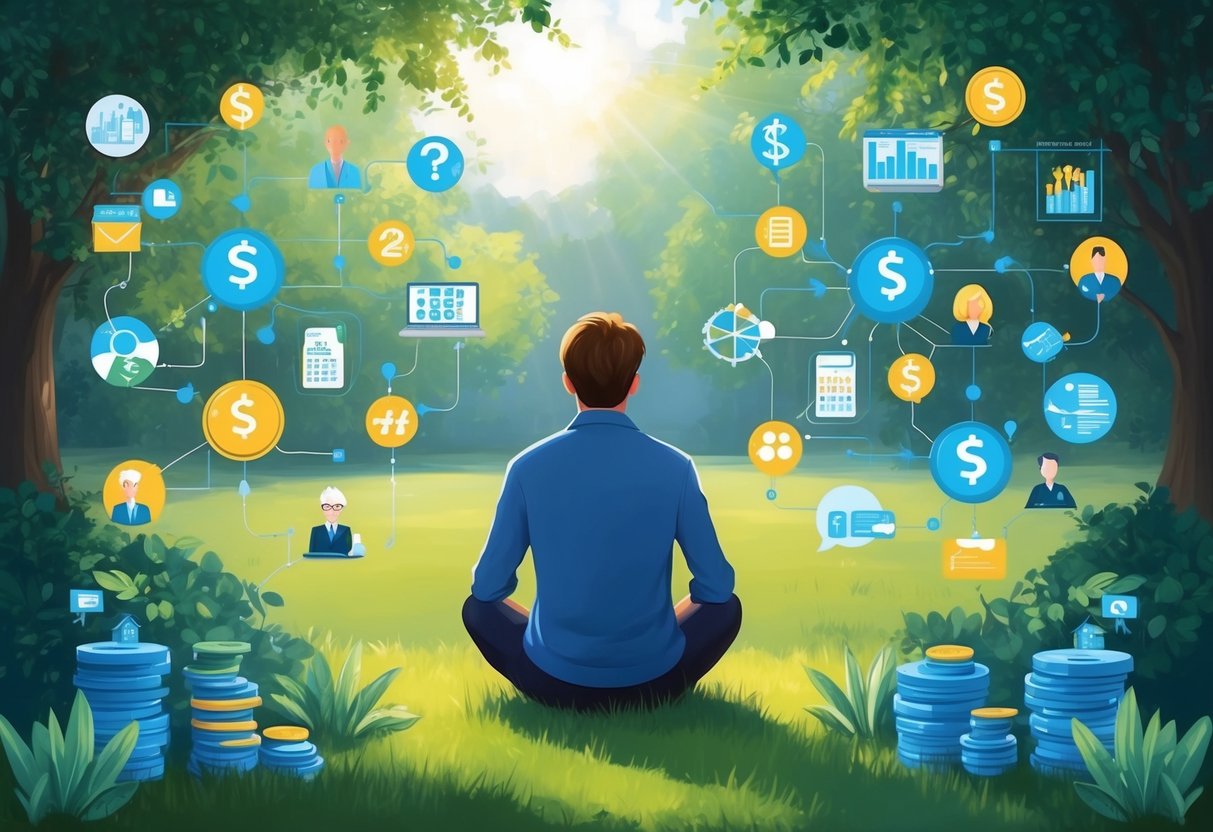 A person sitting in a peaceful garden, surrounded by financial and psychological symbols, pondering retirement planning