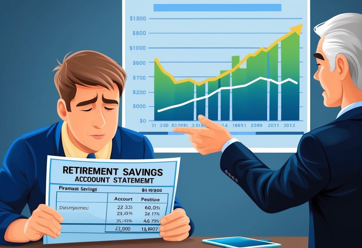 A person looking at a retirement savings account statement with a disappointed expression, while a financial advisor gestures towards a chart showing a positive upward trend