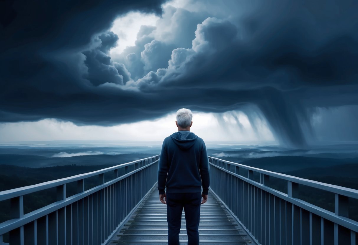 A person standing on a bridge, looking out at a vast and daunting landscape with dark storm clouds overhead, representing the fear and uncertainty surrounding retirement