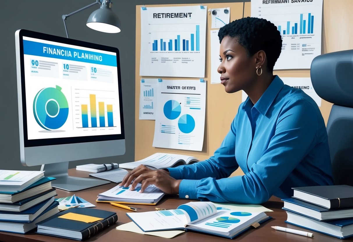 A person sitting at a desk surrounded by financial planning books and charts, with a determined expression while looking at a computer screen showing retirement savings options