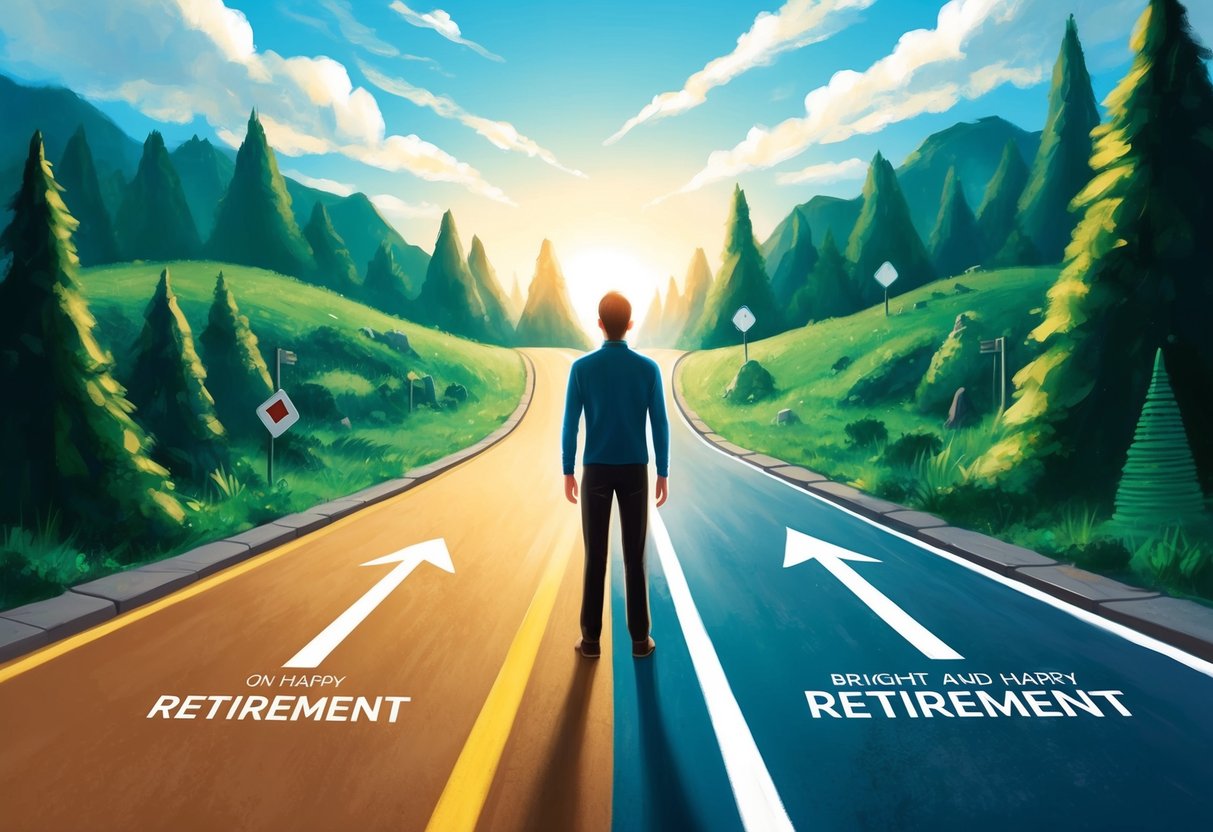 A person standing at a fork in the road, one path leading to a bright and happy retirement, the other path filled with obstacles and barriers