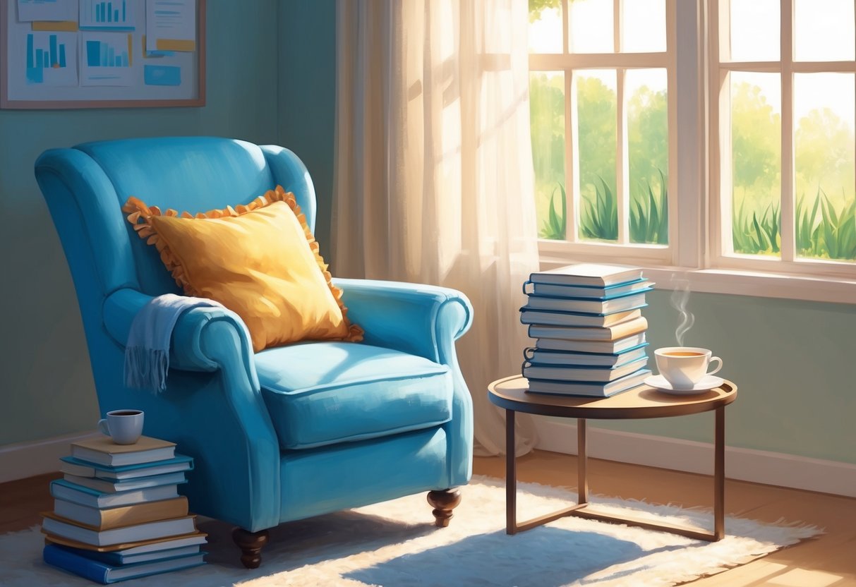 A peaceful, sunlit room with a cozy armchair, a stack of financial planning books, and a soothing cup of tea on a side table