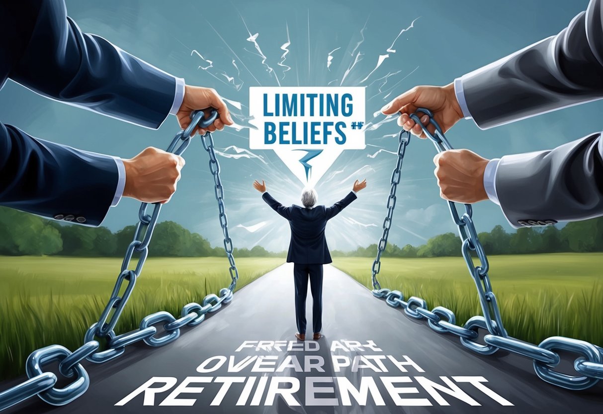 A person breaking free from chains of "limiting beliefs" to reveal a clear path towards retirement, symbolizing overcoming obstacles