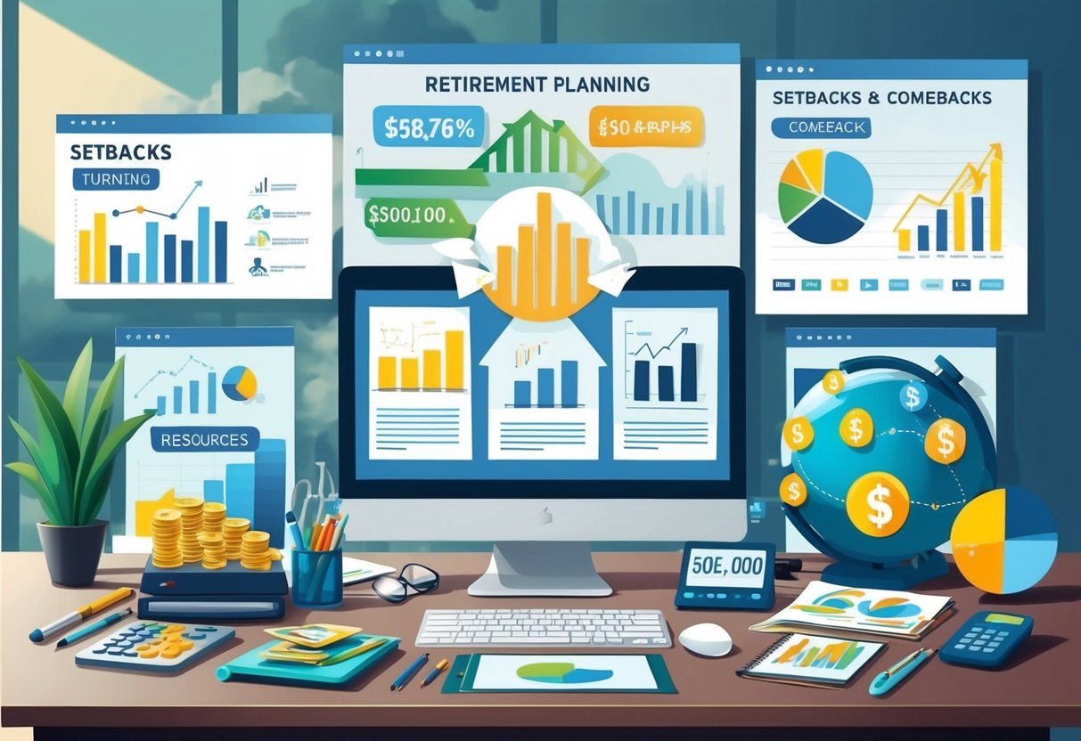 A diverse set of financial tools and resources displayed on a desk, with charts and graphs showing the process of turning setbacks into comebacks in retirement planning