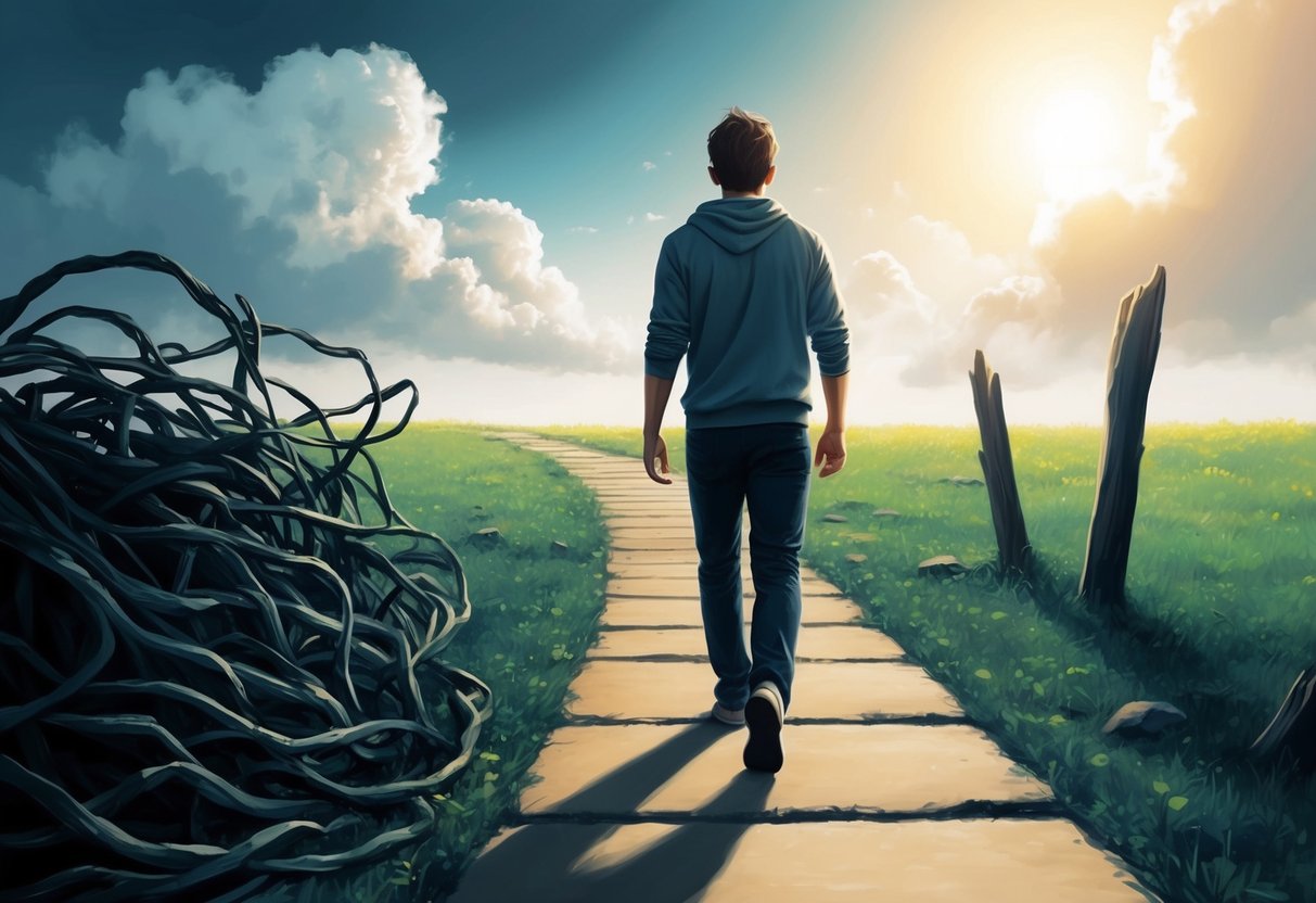 A person walking confidently along a path towards a bright and open future, leaving behind dark and tangled obstacles representing limiting beliefs