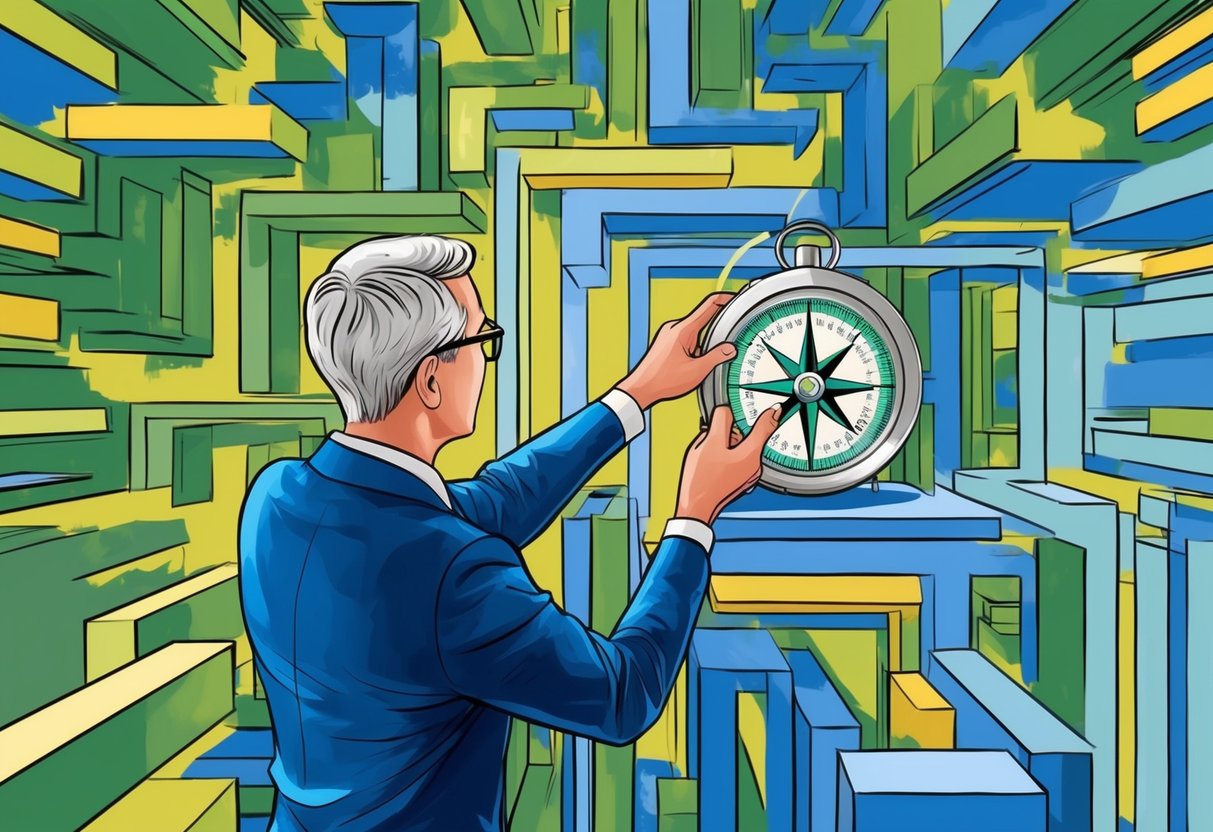 A person adjusting a compass while navigating through a maze of financial obstacles in retirement planning