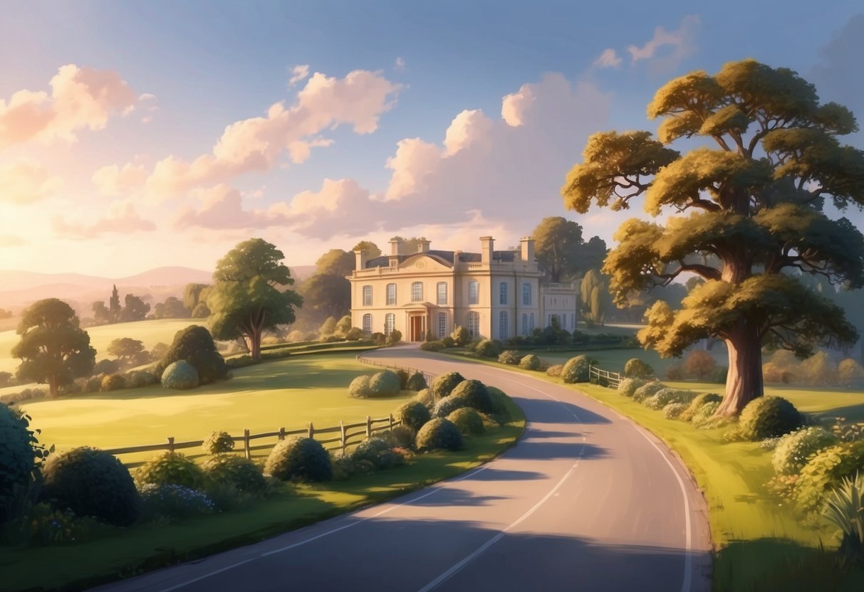 A serene countryside landscape with a winding road leading to a stately manor surrounded by lush gardens and mature trees. The setting sun casts a warm glow over the scene, evoking a sense of peace and prosperity