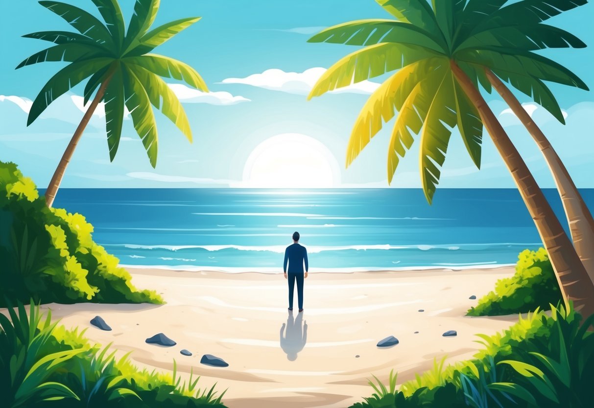 A serene, sunny beach with a lone figure gazing out at the horizon, symbolizing the importance of mindset in retirement planning