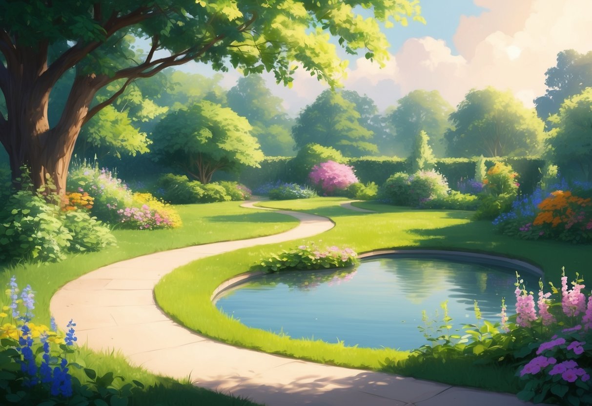 A serene, sunlit garden with a winding path leading to a peaceful pond, surrounded by lush greenery and colorful flowers, evoking a sense of tranquility and contentment