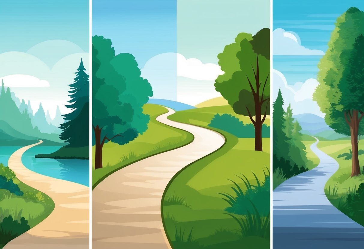 A serene, winding path leads through four distinct landscapes, each representing a phase of retirement transition. The changing scenery reflects the importance of mindset in retirement planning