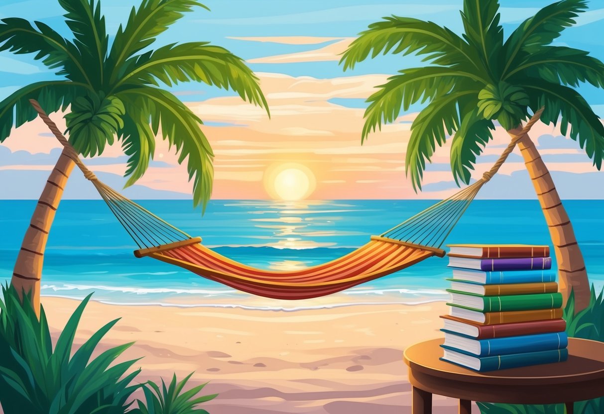 A serene beach at sunset, with a hammock swaying between two palm trees, and a stack of financial planning books on a nearby table