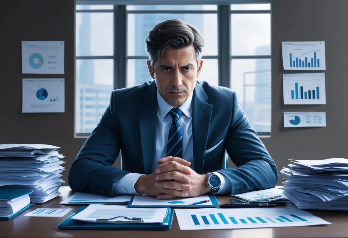 A person sitting at a desk, surrounded by financial documents and charts, deep in thought with a determined expression