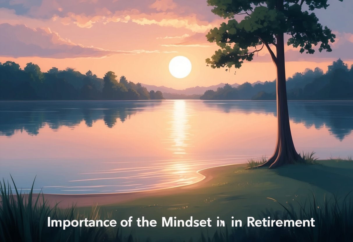 A serene sunset over a tranquil lake, with a lone tree standing tall on the shore, symbolizing the importance of mindset in retirement