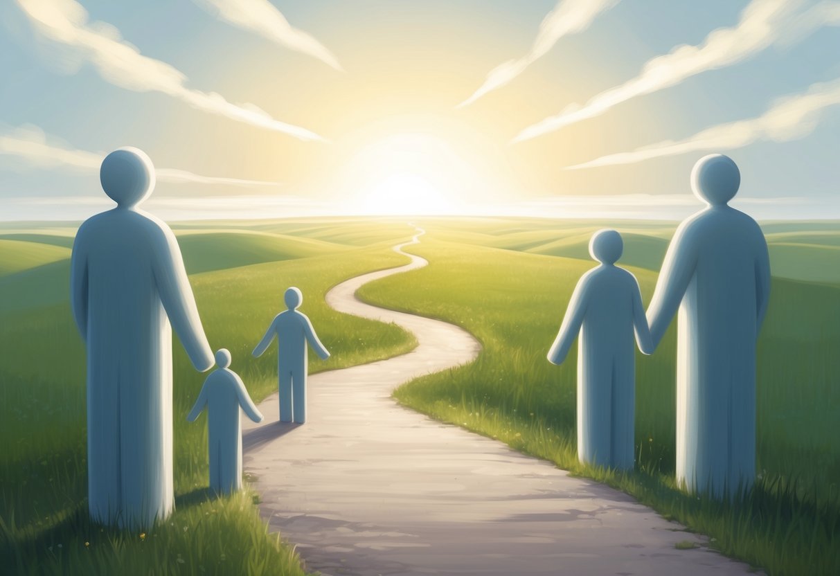 A serene, open landscape with a winding path leading towards a bright horizon, surrounded by calm, supportive figures representing a sense of guidance and opportunity