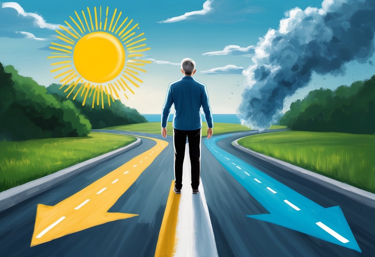 A person standing at a crossroads, one path leading to a sunny retirement and the other to a stormy retirement, representing the importance of mindset