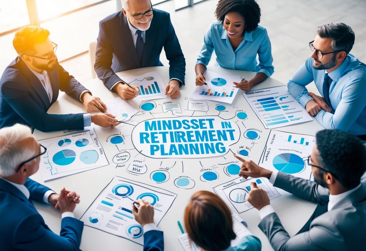 A group of professionals engage in a collaborative discussion, with charts, graphs, and mind maps spread out on a table, emphasizing the importance of mindset in retirement planning