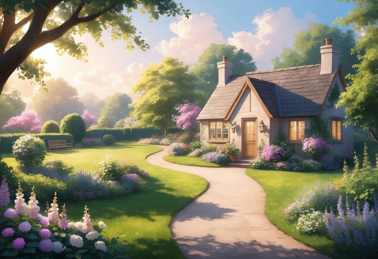 A serene, sunlit garden with a winding path leading to a cozy retirement cottage nestled among blooming flowers and lush greenery