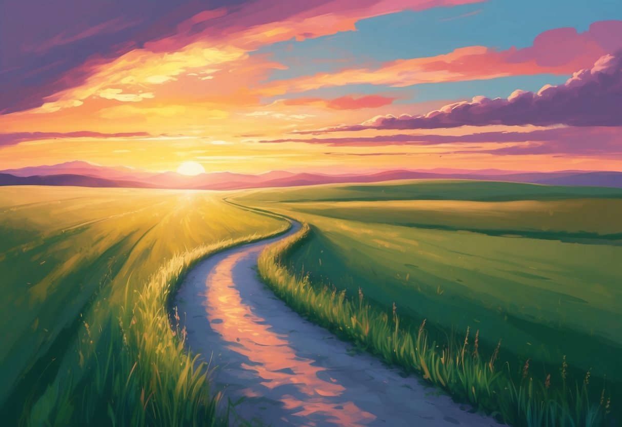 A serene, open field with a winding path leading towards a vibrant sunset, symbolizing the journey towards a successful retirement