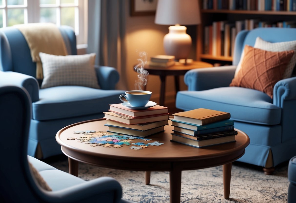 A cozy living room with a stack of books, a puzzle, and a cup of tea on a table, surrounded by comfortable chairs and soft lighting