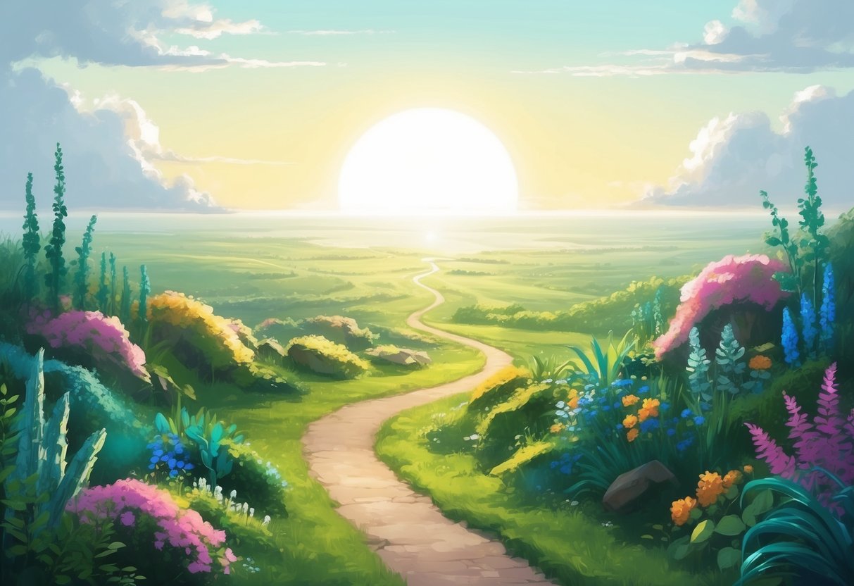 A serene landscape with a winding path leading towards a bright, open horizon, surrounded by vibrant flora and fauna, evoking a sense of calm and possibility