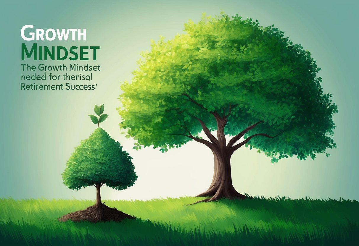A tree growing from a small seedling to a strong, flourishing tree, symbolizing the growth mindset needed for retirement success