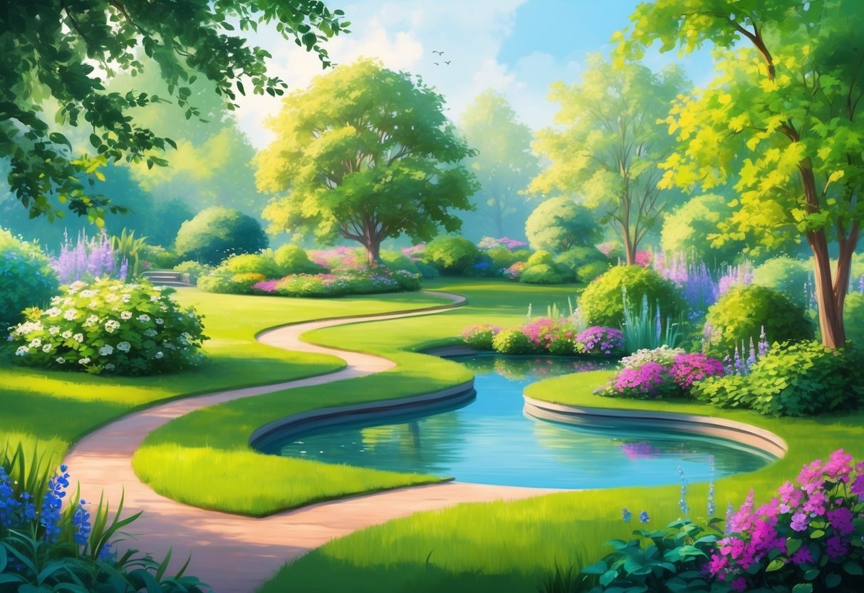 A serene garden with a winding path leading to a tranquil pond, surrounded by vibrant flowers and lush greenery, symbolizing a peaceful transition into retirement
