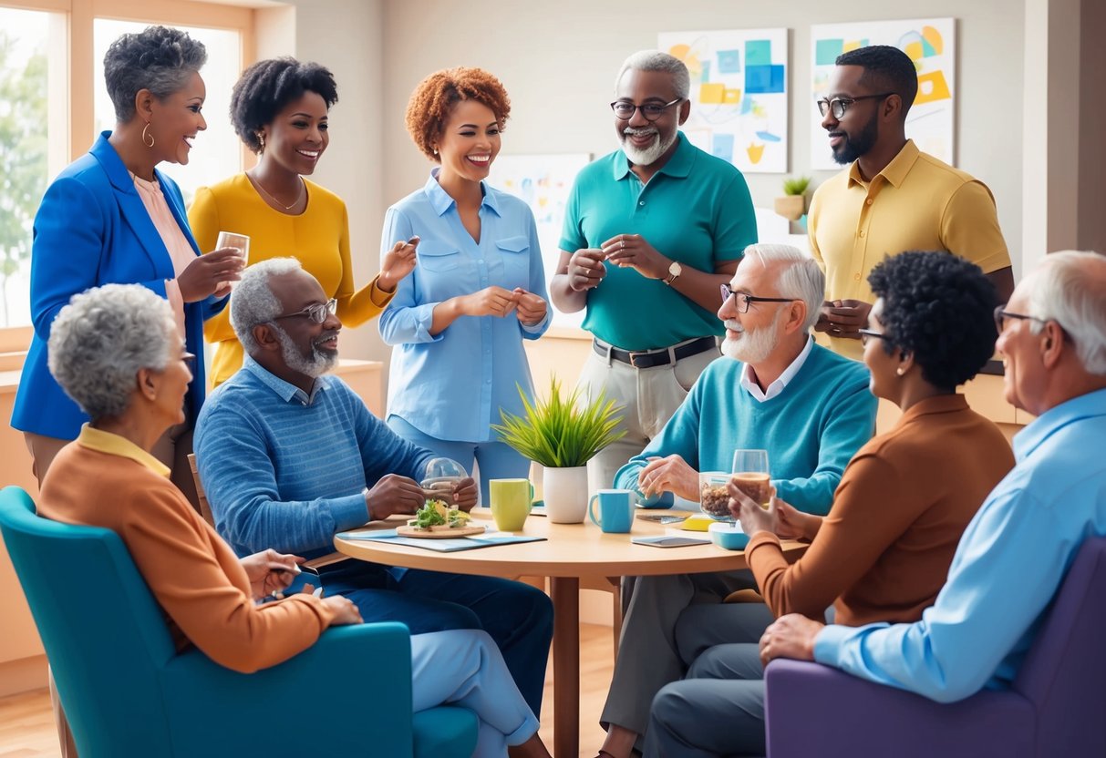 A group of diverse individuals engage in conversation and activities, demonstrating the importance of maintaining social connections in retirement