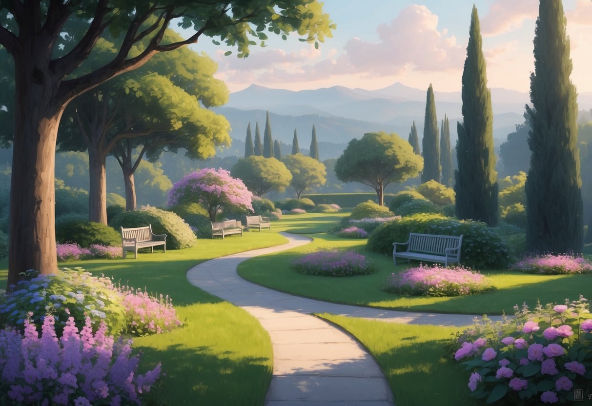 A serene garden with winding paths, blooming flowers, and shaded benches, surrounded by tall trees and distant mountains