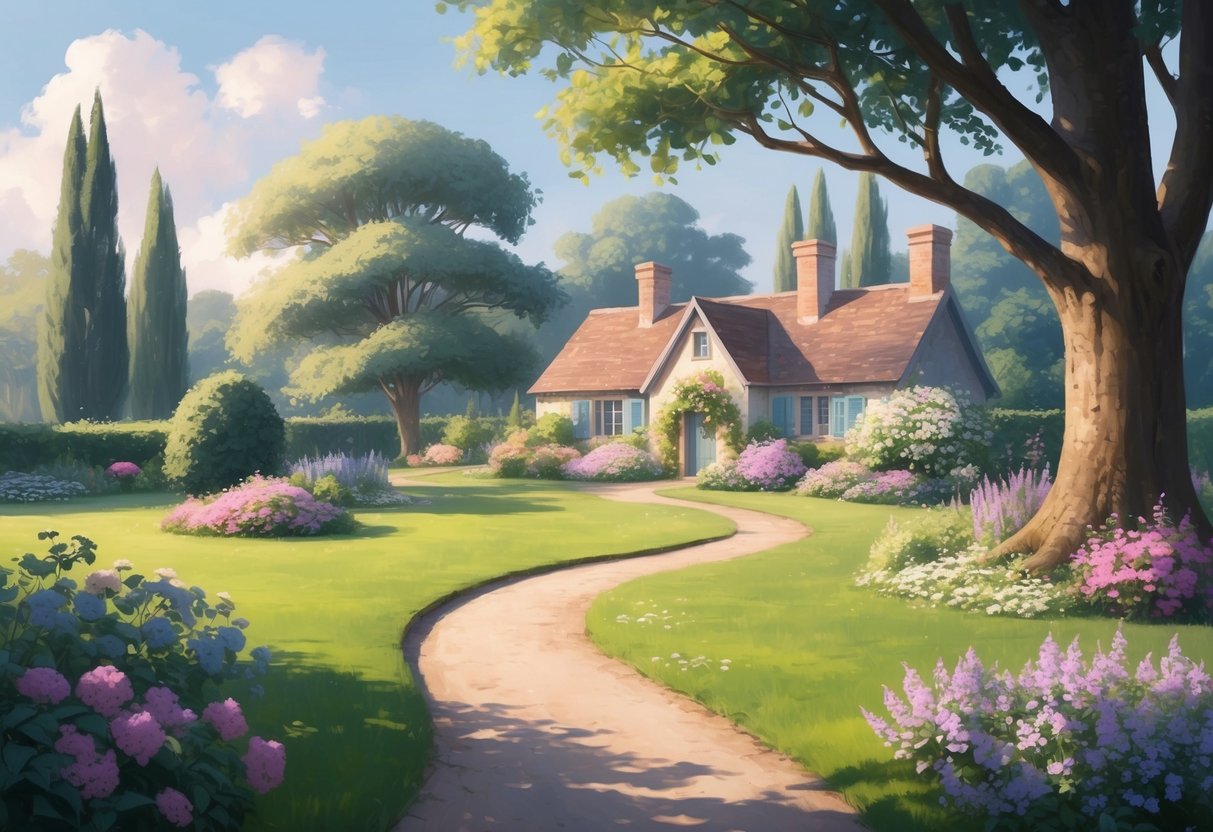 A serene garden with a winding path leading to a cozy cottage, surrounded by blooming flowers and shaded by tall trees