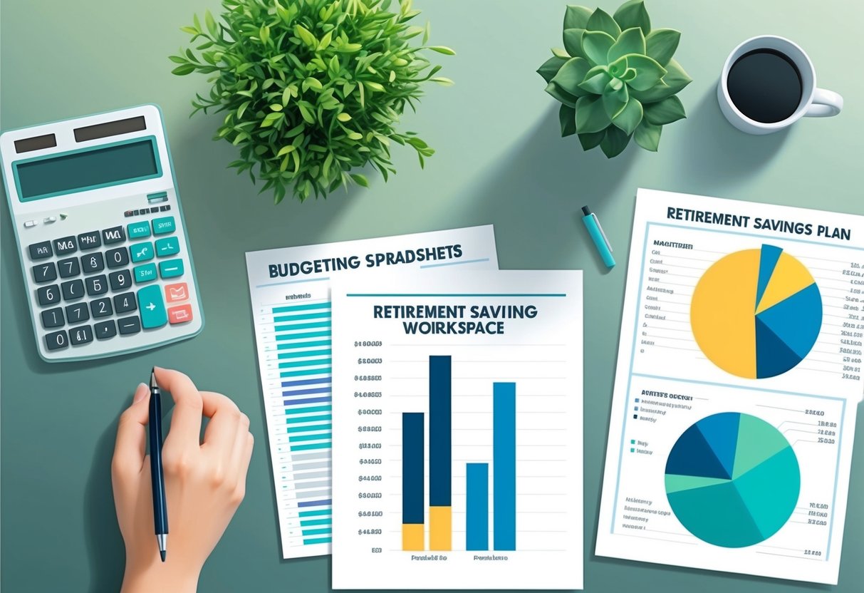 A serene and organized workspace with a calculator, budgeting spreadsheets, and retirement savings plan charts spread out on a desk