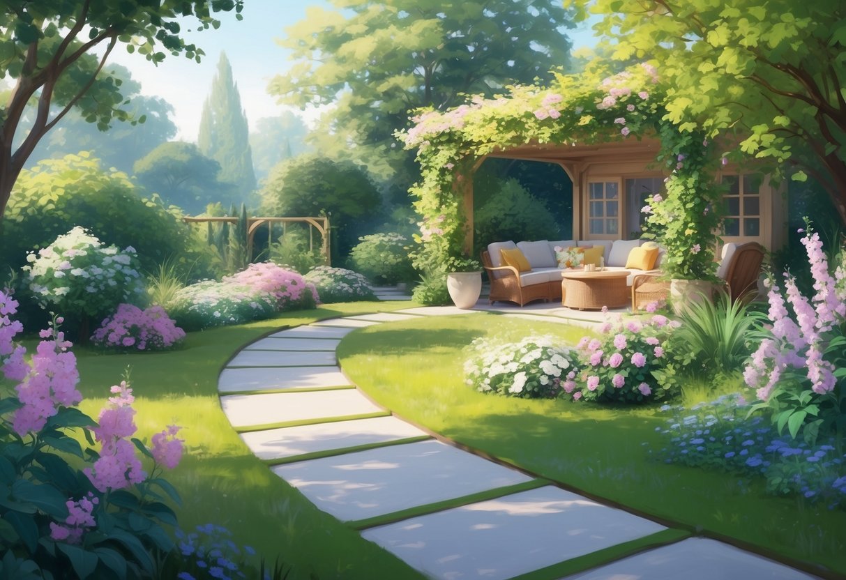 A serene garden with a winding path leading to a cozy outdoor seating area, surrounded by blooming flowers and lush greenery, evoking a sense of tranquility and contentment