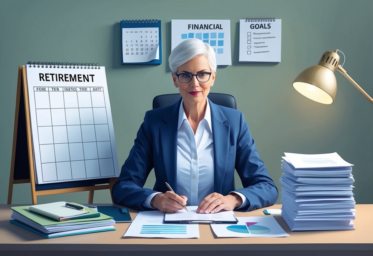 A person sitting at a desk with a calendar, financial documents, and a list of retirement goals, with a sense of determination and focus