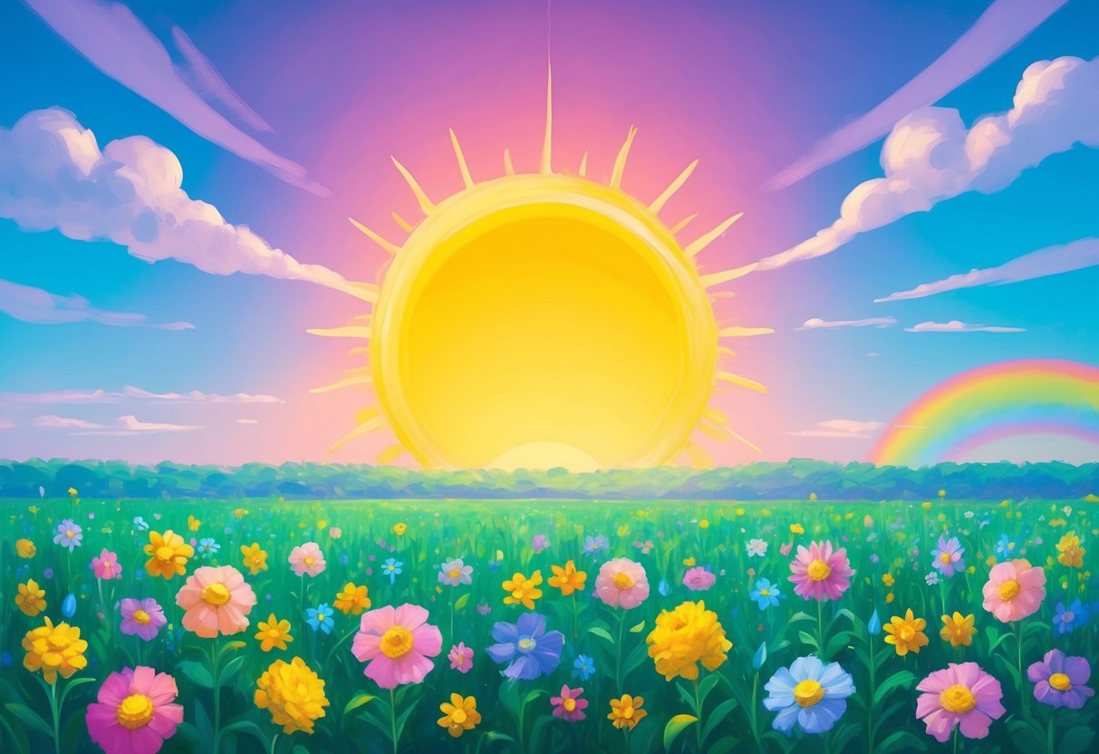 A vibrant sun rising over a field of blooming flowers, with a clear blue sky and a rainbow in the distance