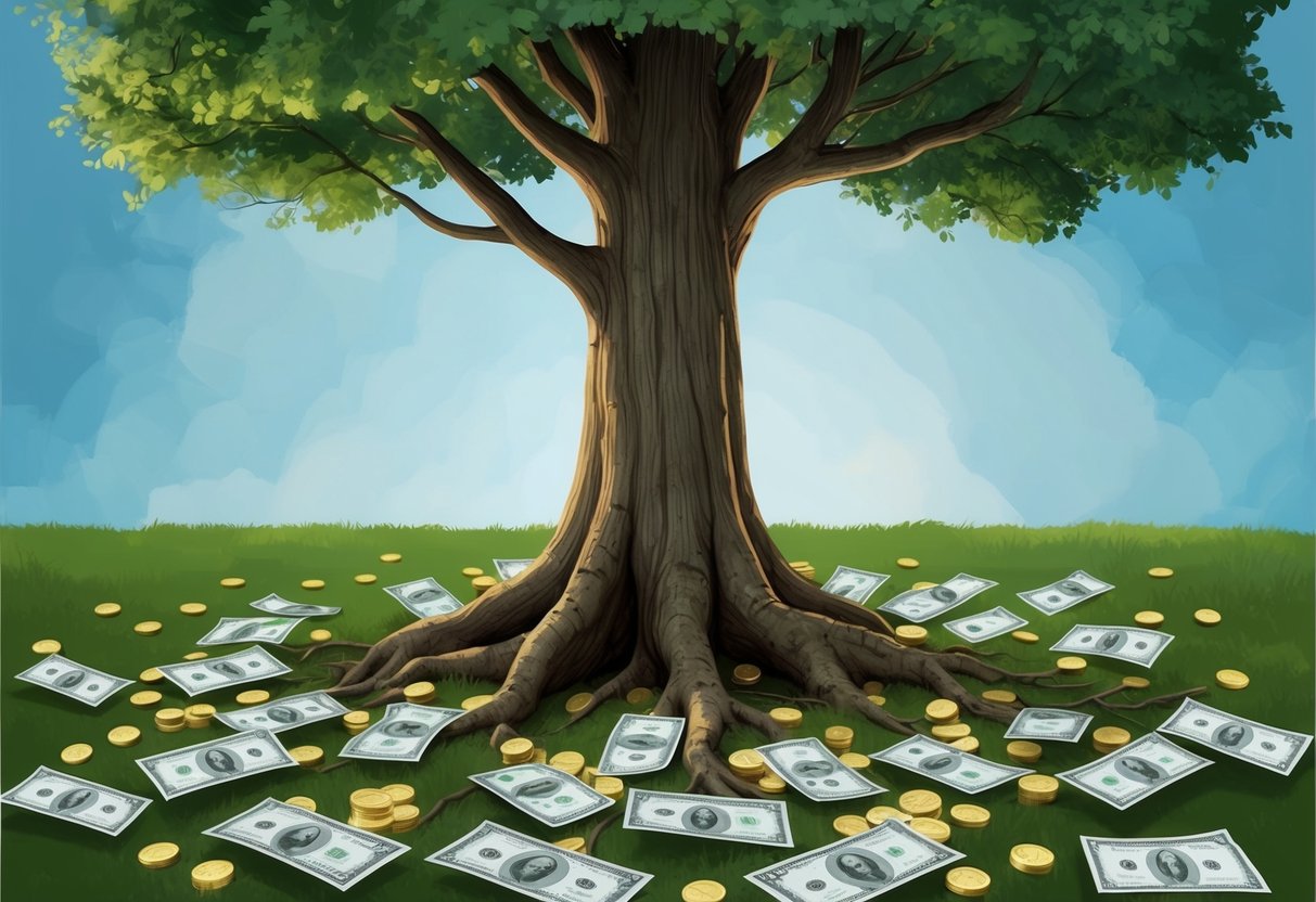 A sturdy oak tree stands tall, with deep roots anchoring it to the ground. Surrounding it are scattered coins and dollar bills, symbolizing financial stability and growth