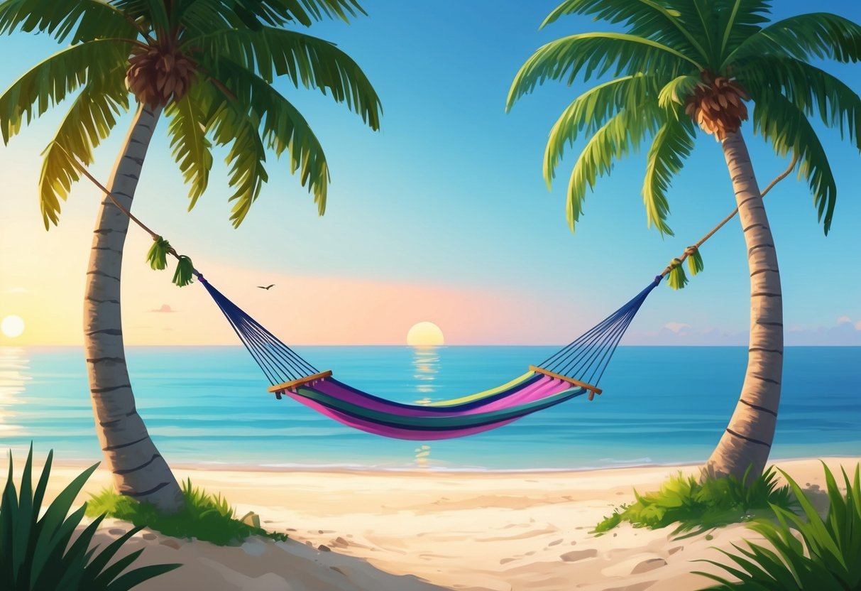 A serene beach with a hammock strung between two palm trees, overlooking a calm ocean with a sunset in the distance