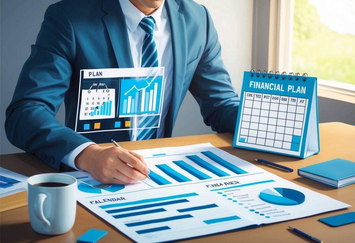 A person setting up a detailed financial plan with charts, graphs, and a calendar to track progress towards retirement savings goals