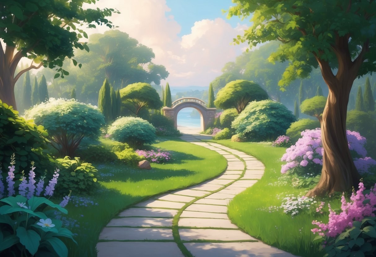 A serene garden with a winding path leading to a peaceful oasis, surrounded by lush greenery and blooming flowers, evoking a sense of purpose and contentment