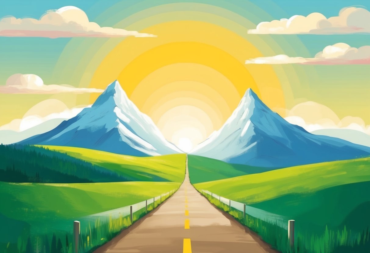 A bright, sunny landscape with a clear path leading towards a mountain peak, symbolizing the journey towards financial independence