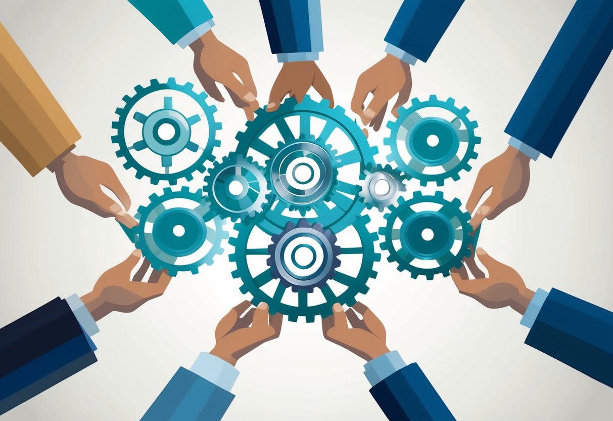 A group of interconnected gears symbolizing transparency, communication, and accountability working together to reach retirement goals