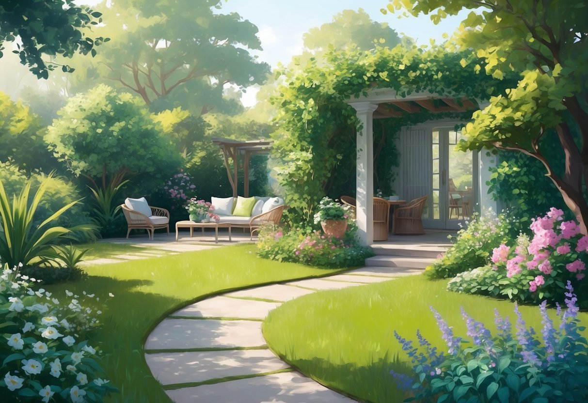 A serene garden with a winding path leading to a cozy outdoor seating area surrounded by lush greenery and blooming flowers