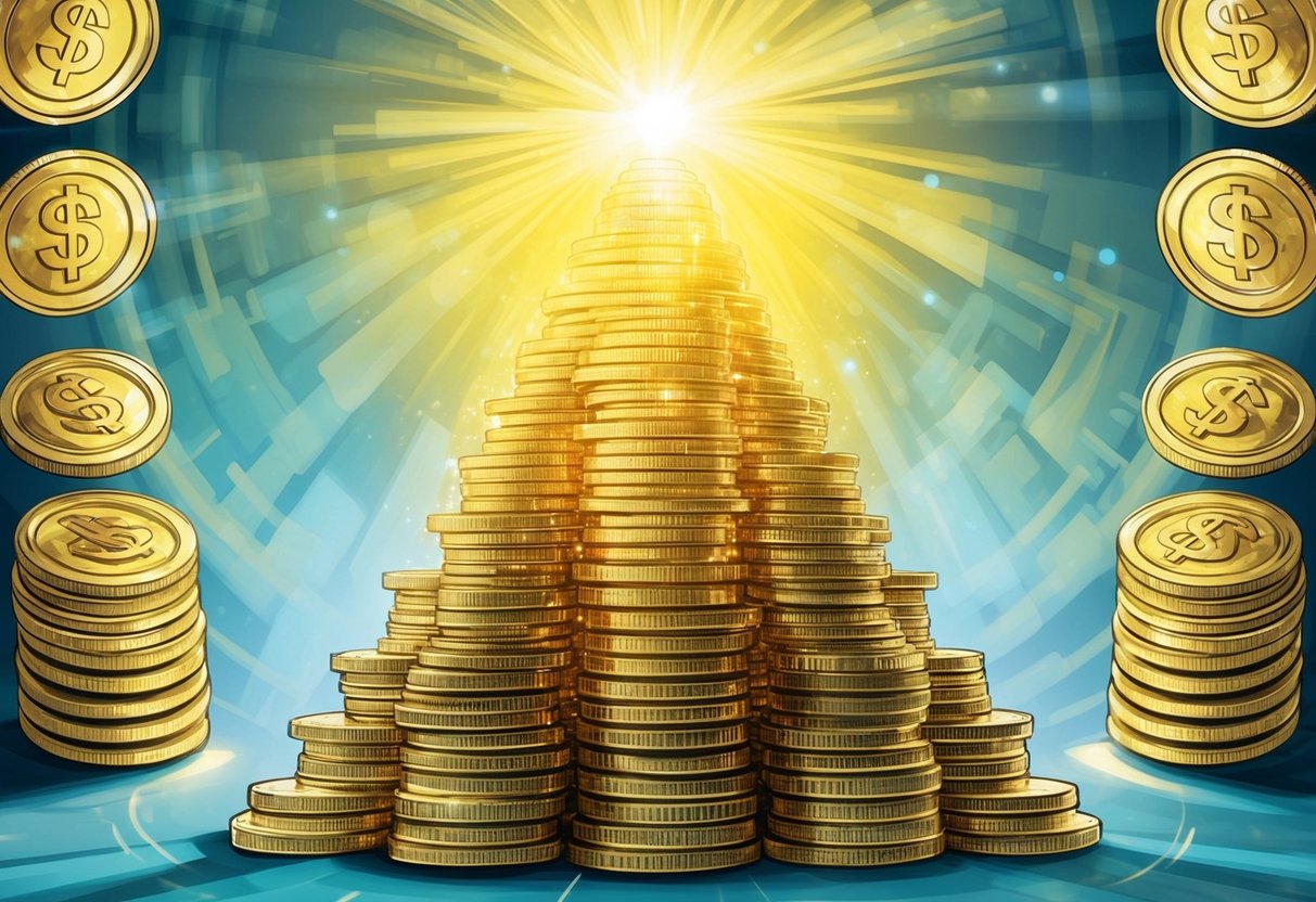 A stack of coins growing taller with each step, leading to a shining light at the top. Surrounding the stack are symbols of growth and prosperity