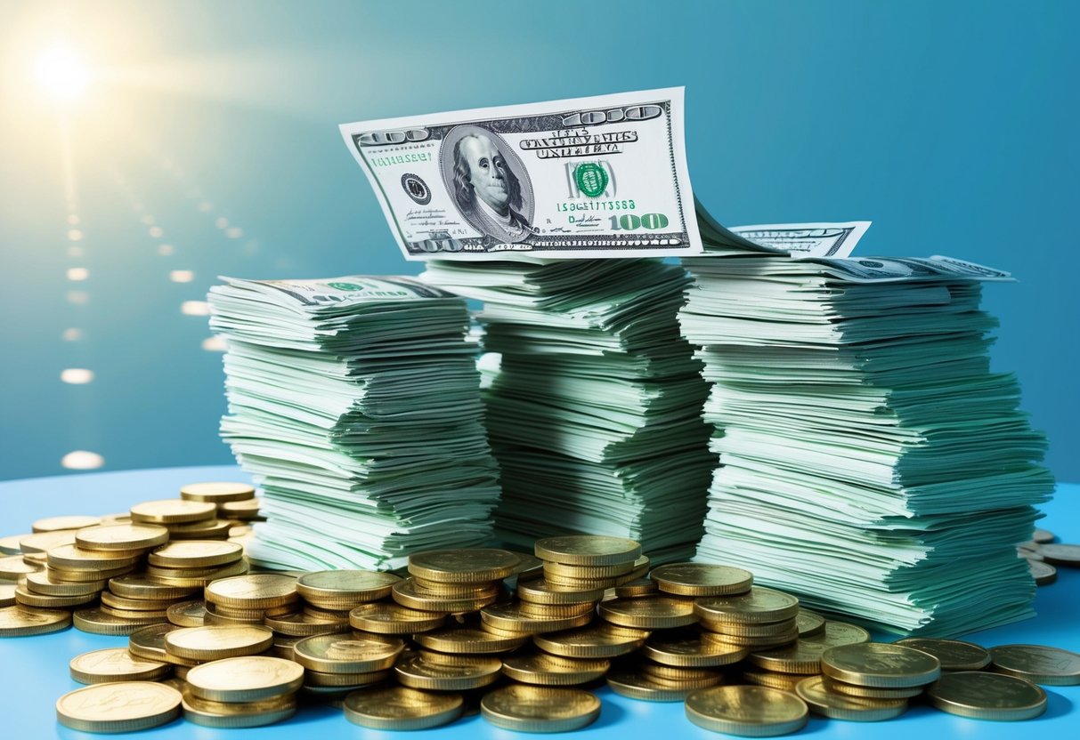 A stack of dollar bills and coins arranged in a neat and organized manner, with a clear path leading towards a bright and secure future
